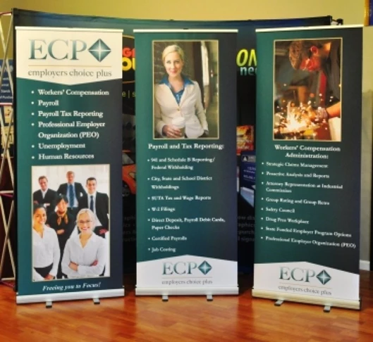 There are virtually no limits when you combine color, text, and photographic images.  (Trade Show Banners by Signs Now Cincinnati for Employers Choice Plus, West Chester, OH)