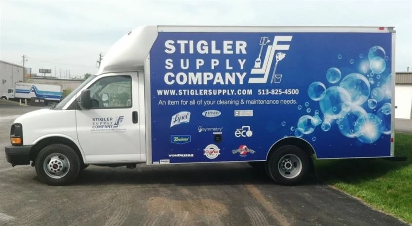 Need a clean and fresh new look for your fleet vehicles?  Our creative graphic design team can help!  (Graphic Design and Digitally Printed Fleet Vehicle Wrap for Stigler Supply Company, Cincinnati, OH)