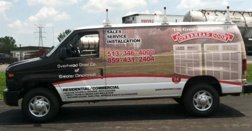 Grab some attention day or night with a digital wrap with reflective vinyl. (Van wrap with red reflective vinyl by Signs Now Cincinnati for Overhead Door, Hamilton, OH)