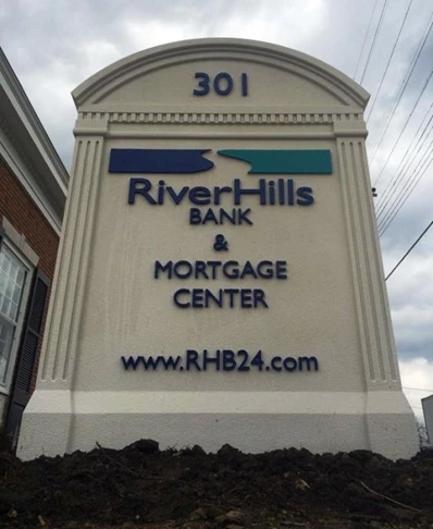 New location?  A custom monument sign makes for a Grand Opening!  (Custom Monument Sign by Signs Now Cincinnati for RiverHills Bank, Milford, OH)