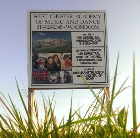 New development?  Share the news with custom post and panel signs!  (Custom Post and Panel Sign by Signs Now Cincinnati for West Chester Academy of Music & Dance, West Chester, OH)