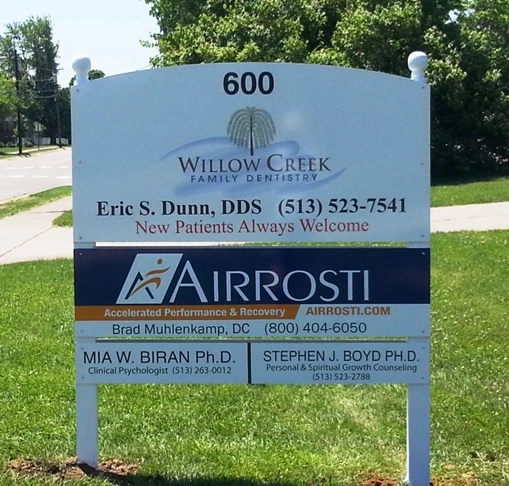 Whats the best way to update your exterior sign?  Well keep you posted!  (Post and Panel Sign by Signs Now Cincinnati for Willow Creek Family Dentistry, Oxford, OH)