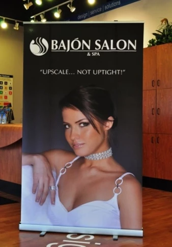 When beauty is a must, we can help with impactful, digital graphics.  (Display Banner by Signs Now Cincinnati for Bajon Salon, West Chester, OH)