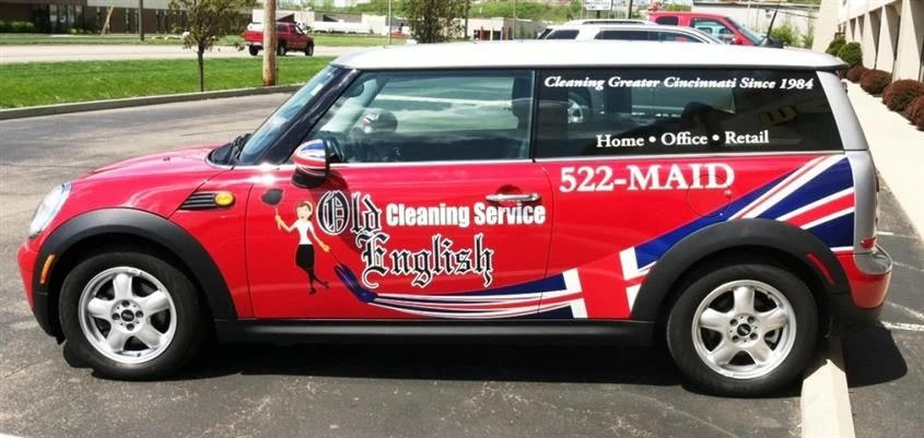 Updating your look?  Our creative graphic design team can help!  (Graphic design and vehicle graphics by Signs Now Cincinnati for Old English Cleaning Service, Milford, OH)
