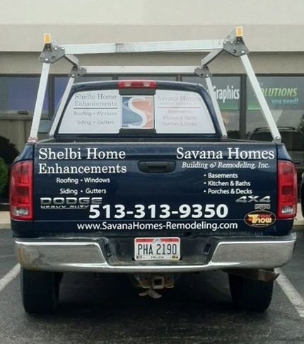 Turn your vehicle into a moving billboard with window graphics and vinyl lettering. (Vehicle graphics by Signs Now Cincinnati for Savana Homes, Loveland, OH)