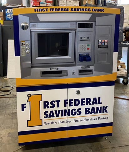 We designed, produced and installed this wrap for first Federal Savings Banks ATM machine with their branding colors and logo.